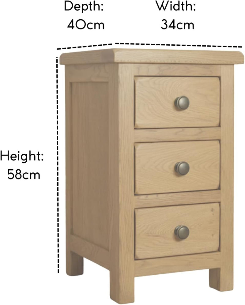 Solid Oak Bedside Table 3 Drawer Slim Cabinet
