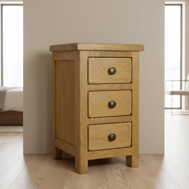 Solid Oak Bedside Table 3 Drawer Slim Cabinet