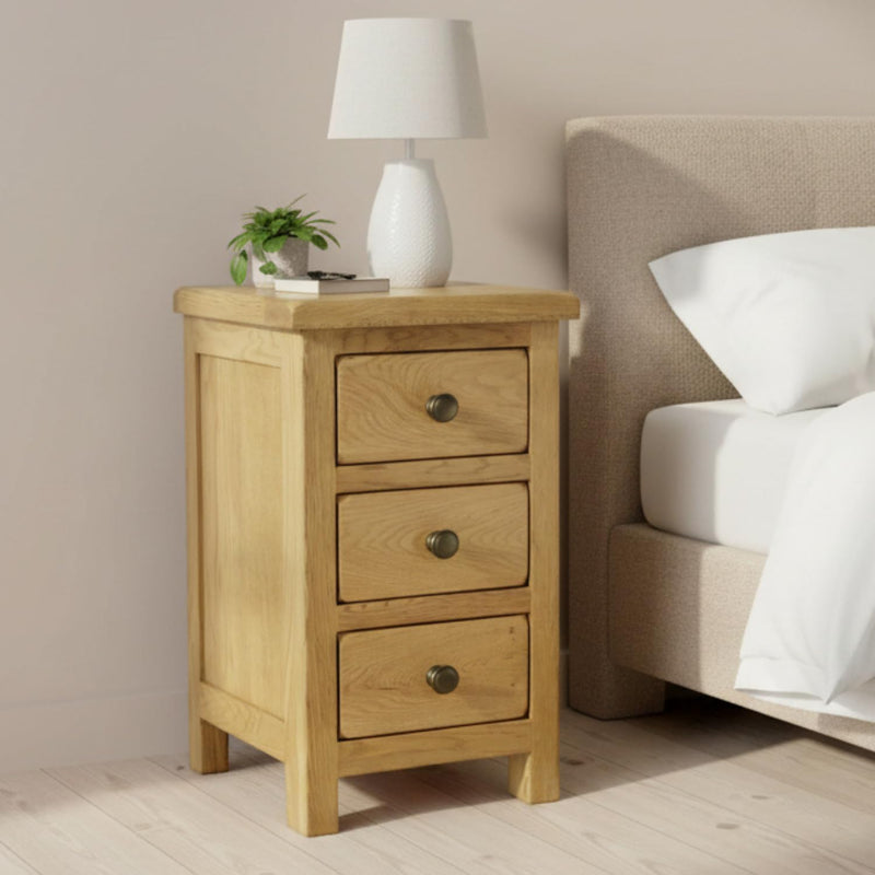 Solid Oak Bedside Table 3 Drawer Slim Cabinet