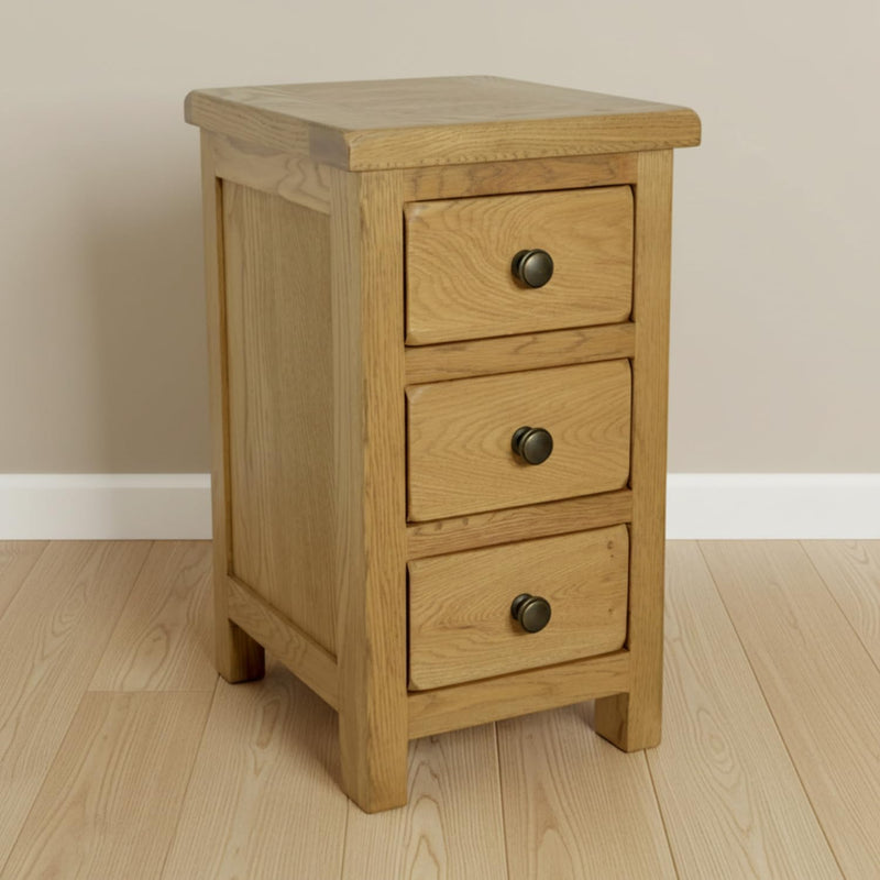 Solid Oak Bedside Table 3 Drawer Slim Cabinet