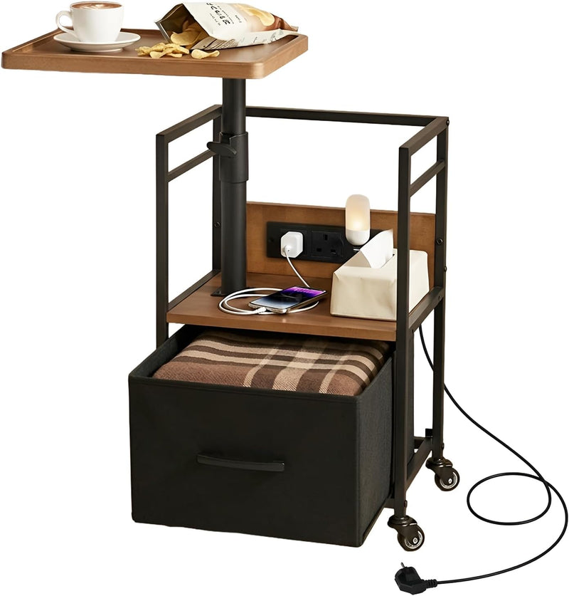 Solid Wood Bedside Table with Charging Station Rotating