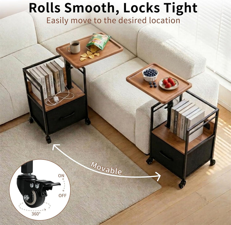 Solid Wood Bedside Table with Charging Station Rotating