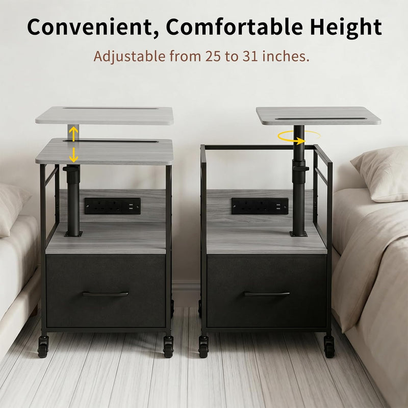 Solid Wood Bedside Table with Charging Station Rotating