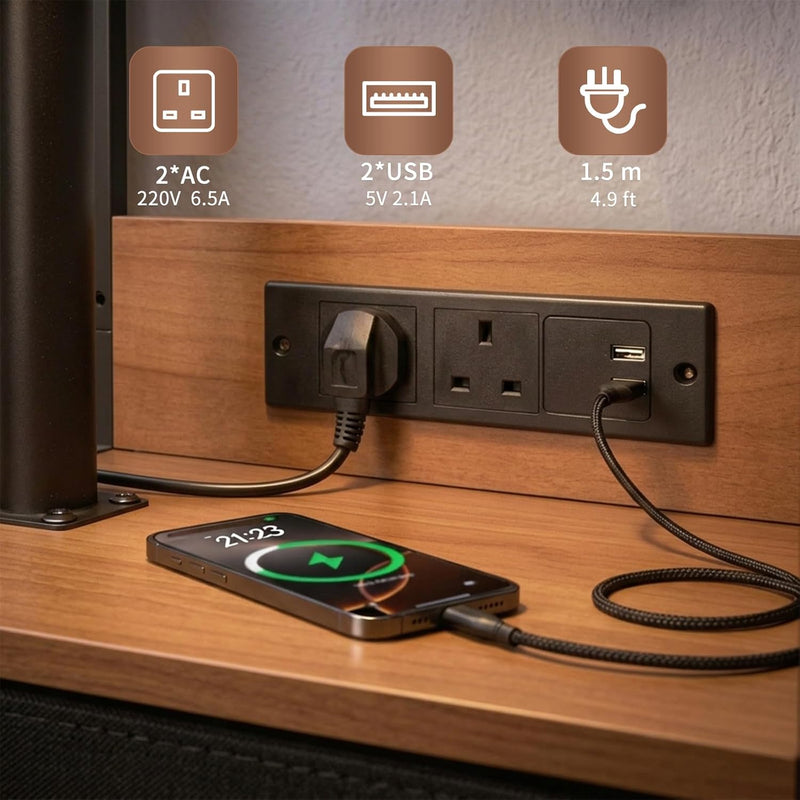 Solid Wood Bedside Table with Charging Station Rotating