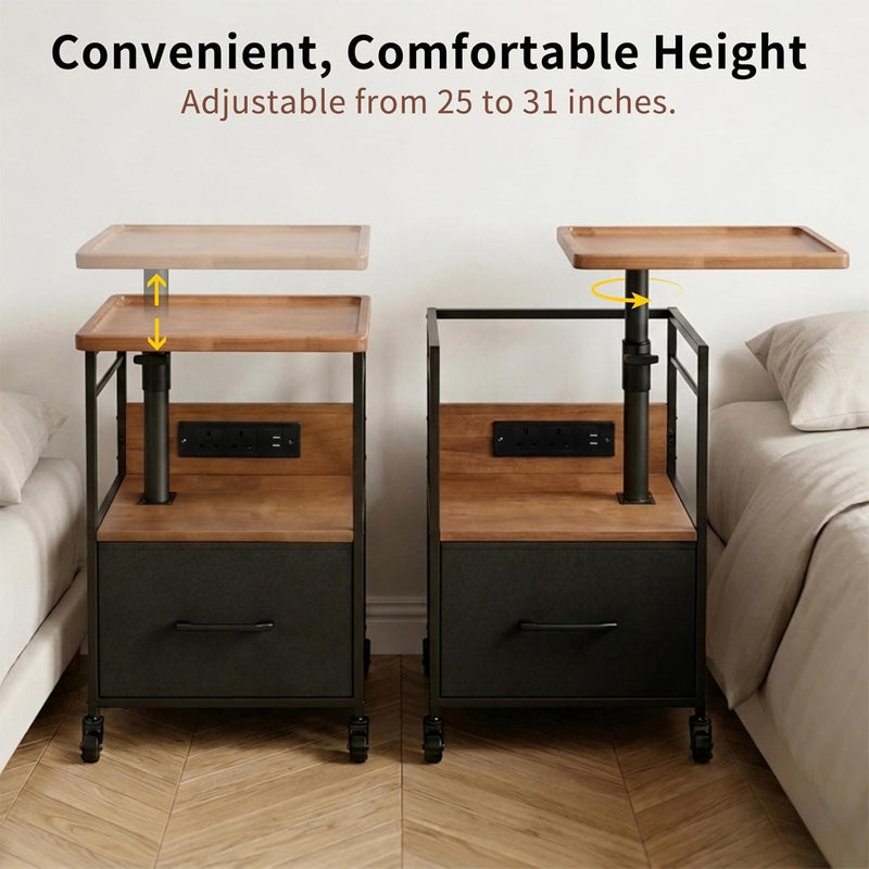 Solid Wood Bedside Table with Charging Station Rotating