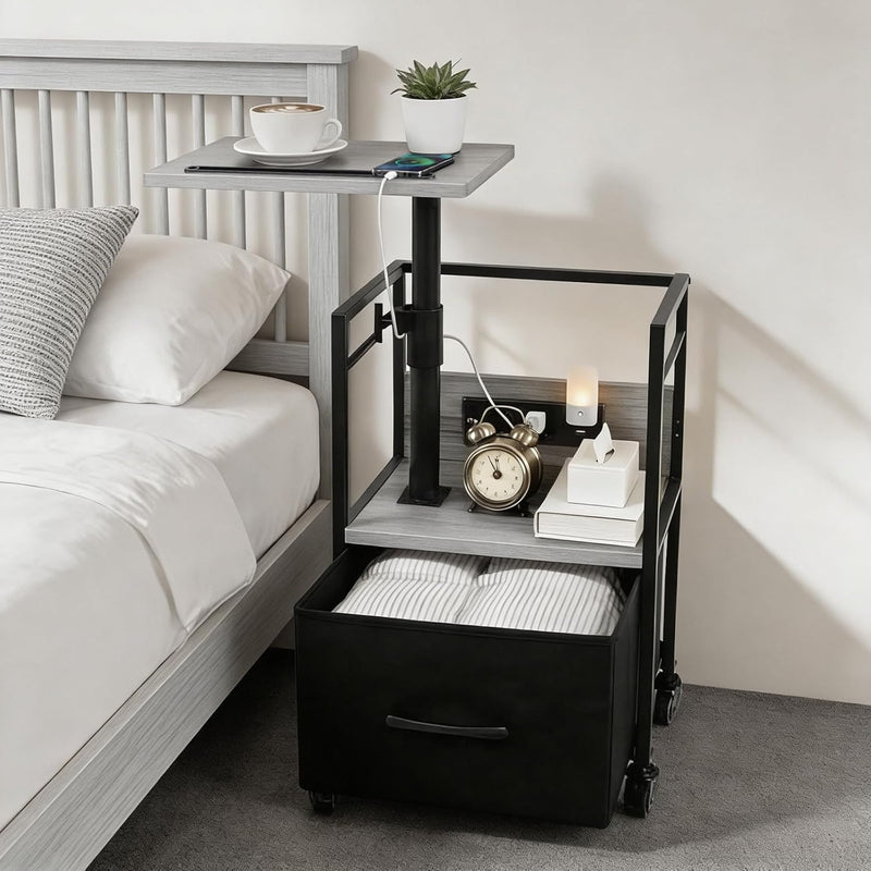 Solid Wood Bedside Table with Charging Station Rotating