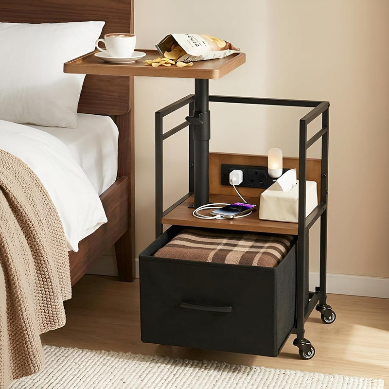 Solid Wood Bedside Table with Charging Station Rotating