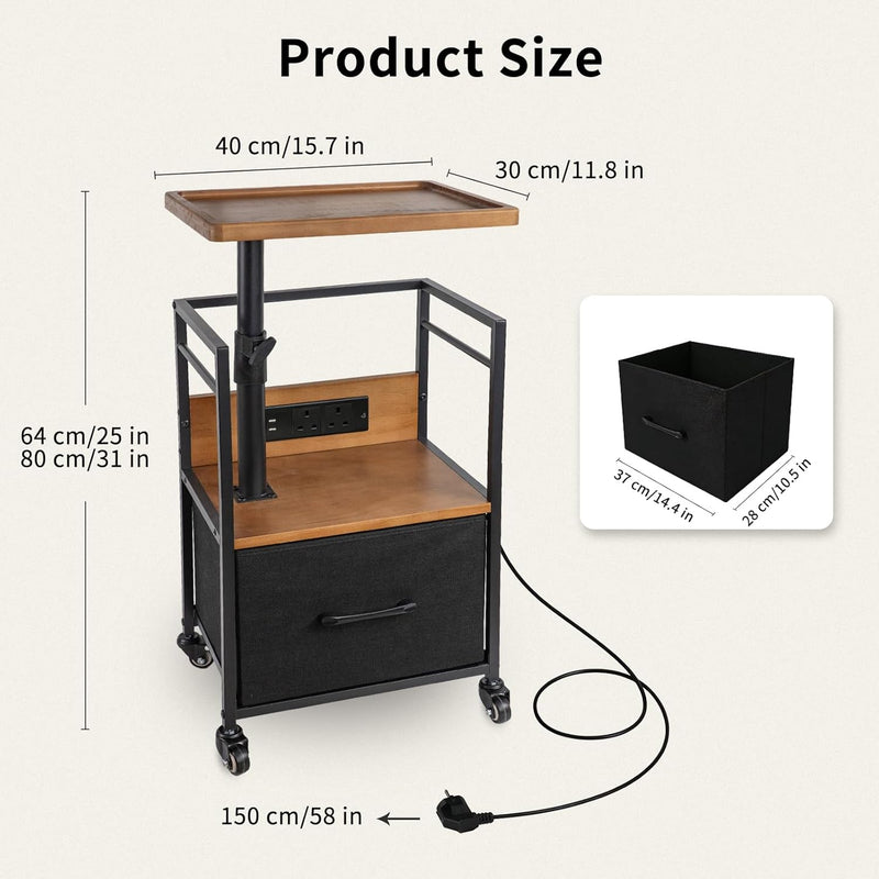Solid Wood Bedside Table with Charging Station Rotating