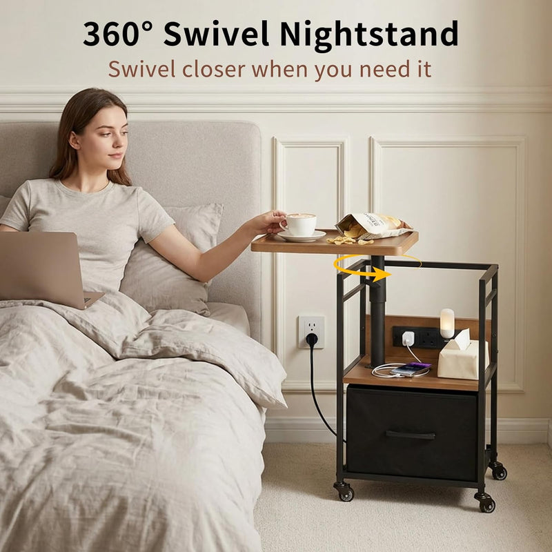 Solid Wood Bedside Table with Charging Station Rotating