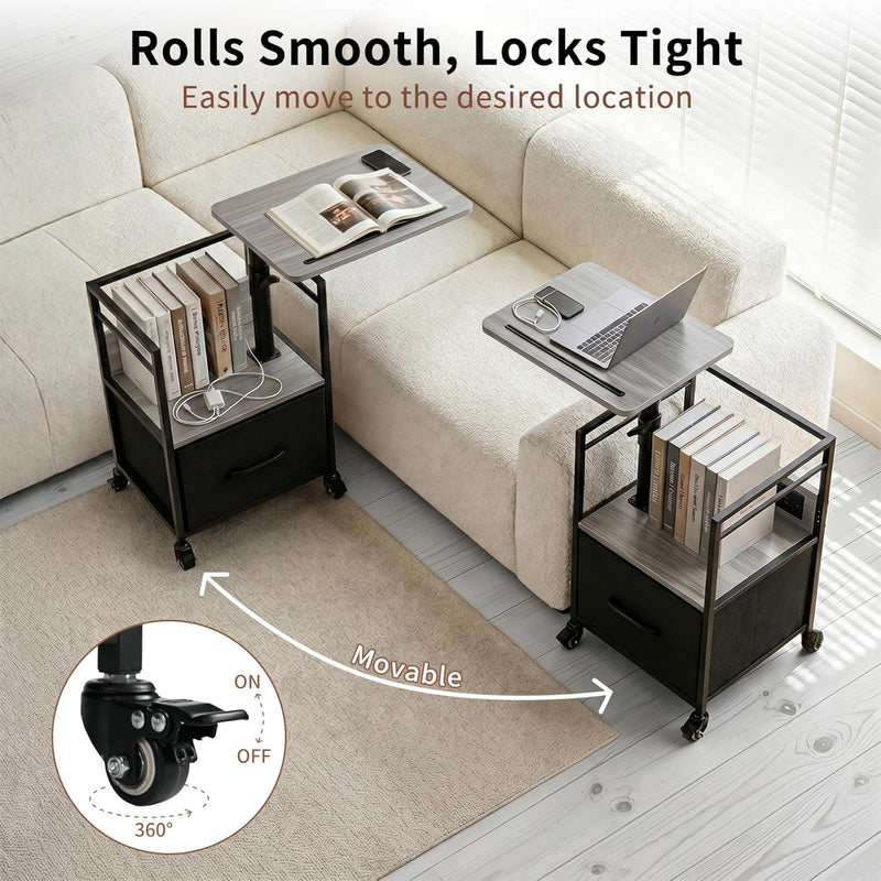 Solid Wood Bedside Table with Charging Station Rotating