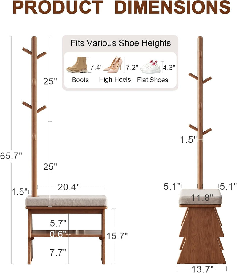 Solid Wood Coat Rack with Shoe Storage Bench