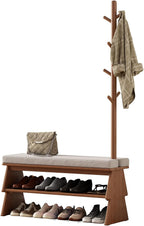 Solid Wood Coat Rack with Shoe Storage Bench