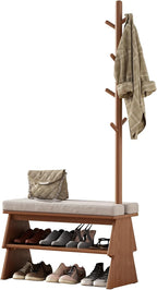 Solid Wood Coat Rack with Shoe Storage Bench