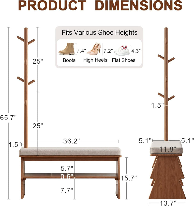 Solid Wood Coat Rack with Shoe Storage Bench