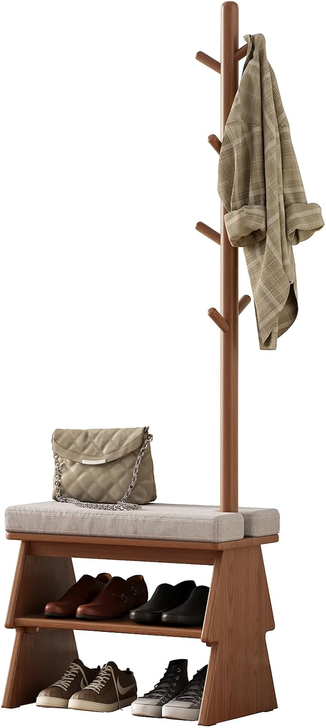 Solid Wood Coat Rack with Shoe Storage Bench