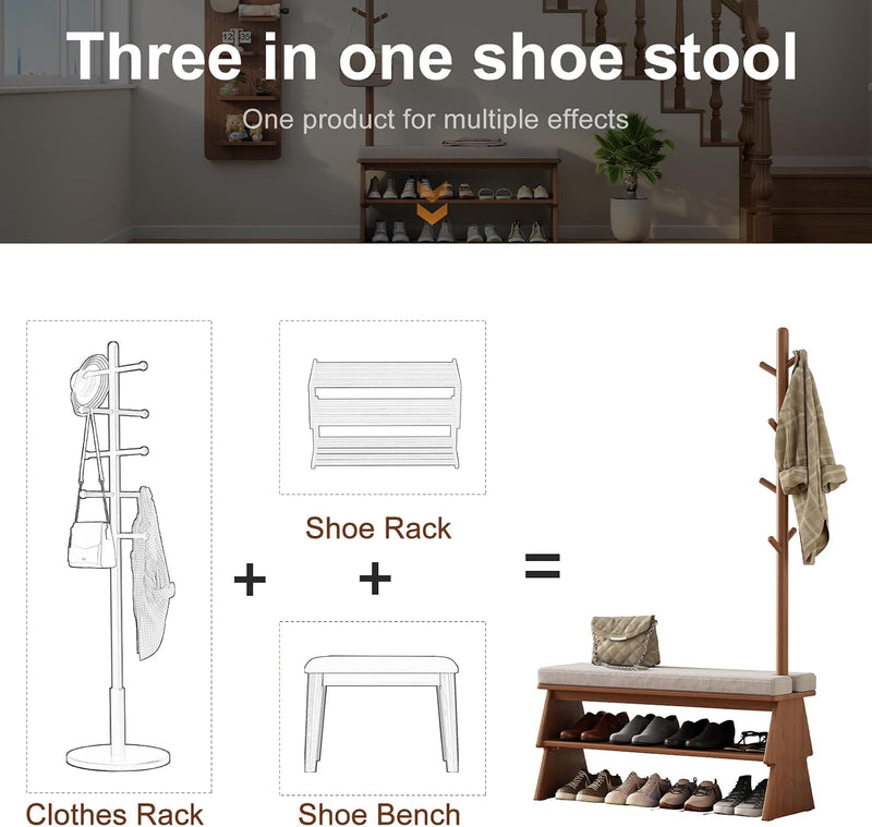 Solid Wood Coat Rack with Shoe Storage Bench