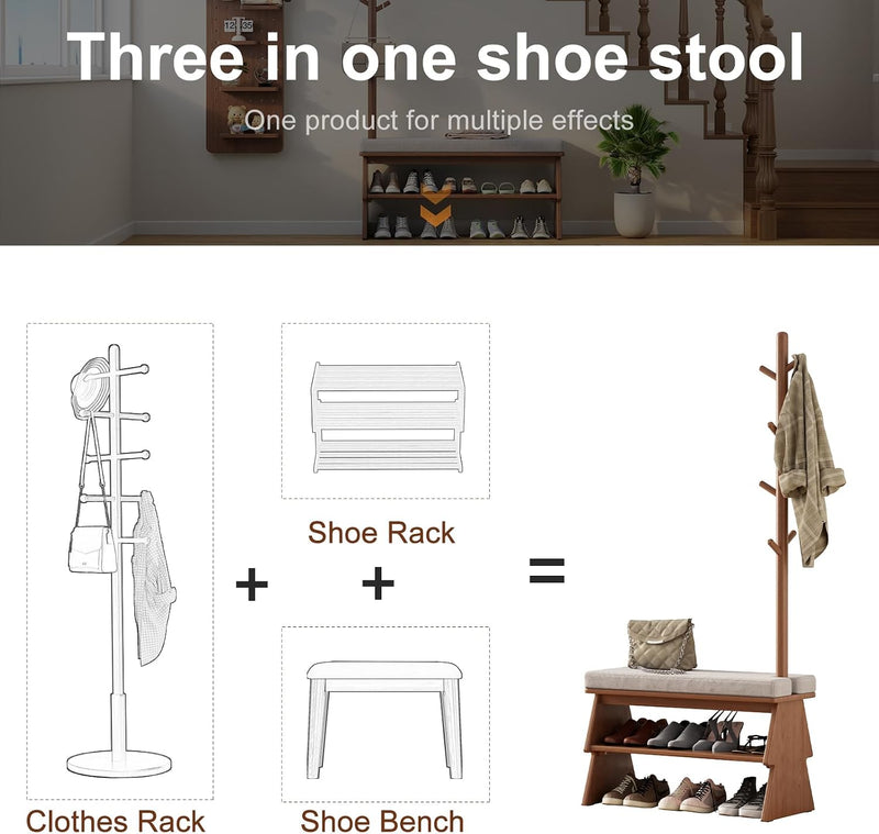 Solid Wood Coat Rack with Shoe Storage Bench
