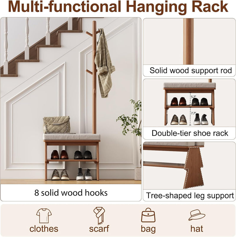 Solid Wood Coat Rack with Shoe Storage Bench