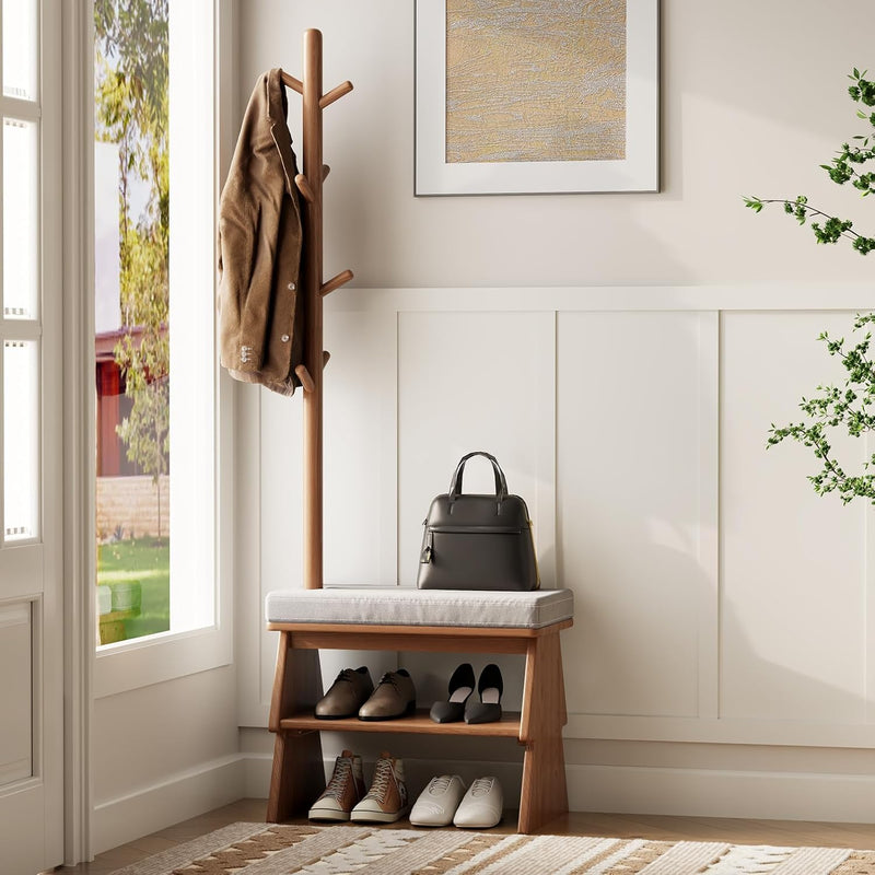 Solid Wood Coat Rack with Shoe Storage Bench