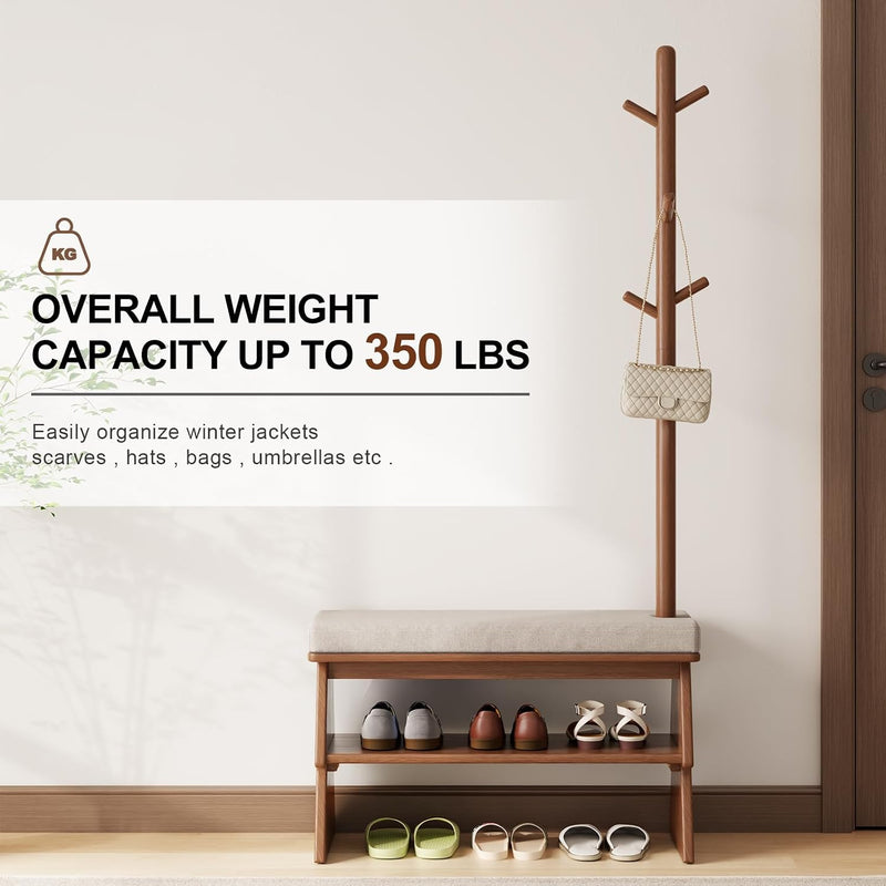 Solid Wood Coat Rack with Shoe Storage Bench