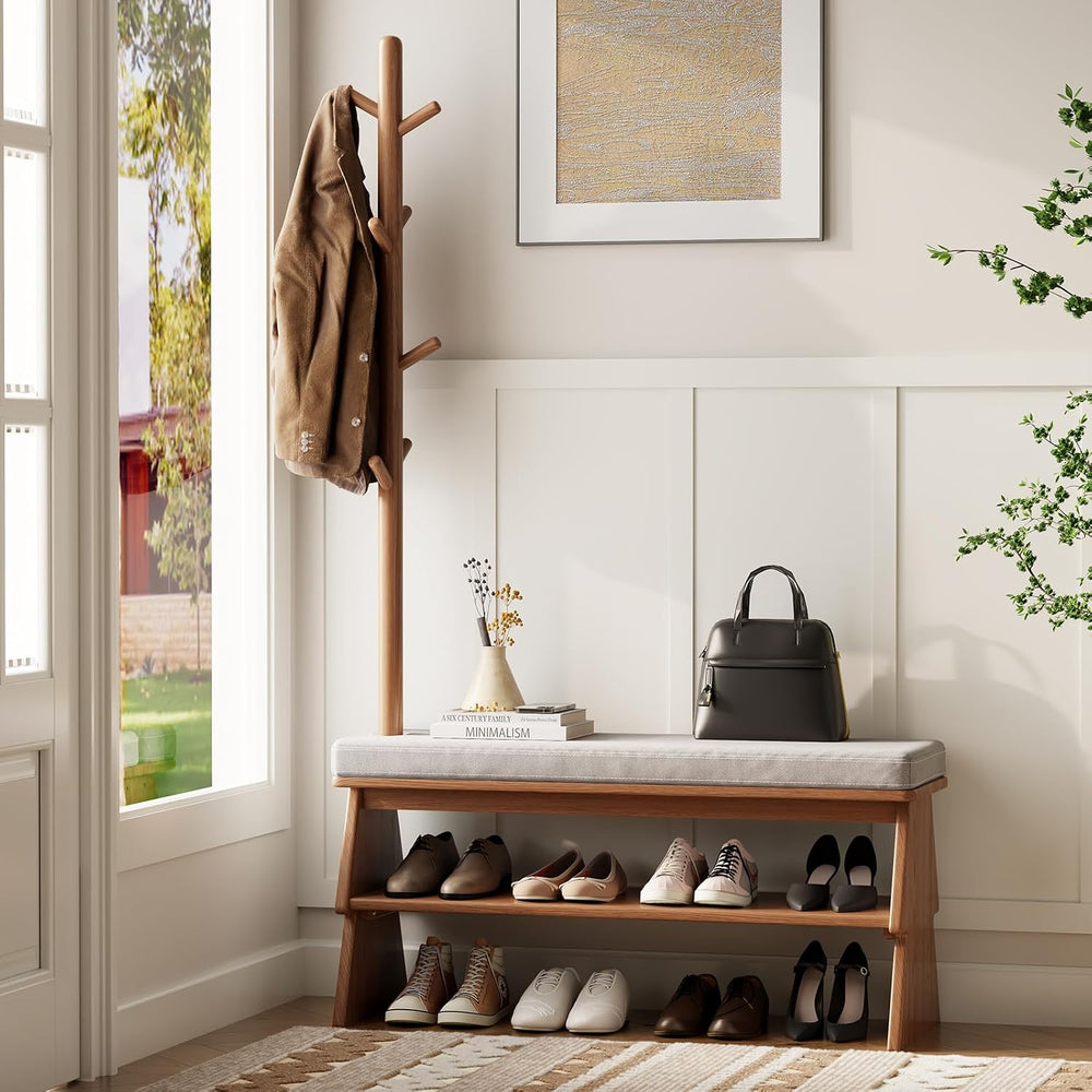 Solid Wood Coat Rack with Shoe Storage Bench