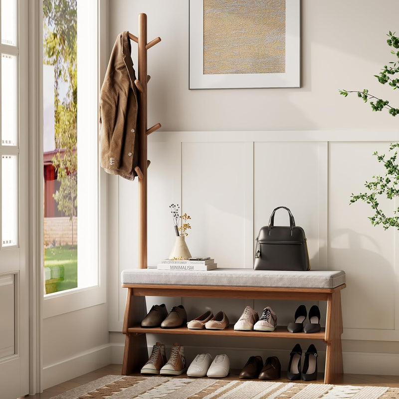Solid Wood Coat Rack with Shoe Storage Bench