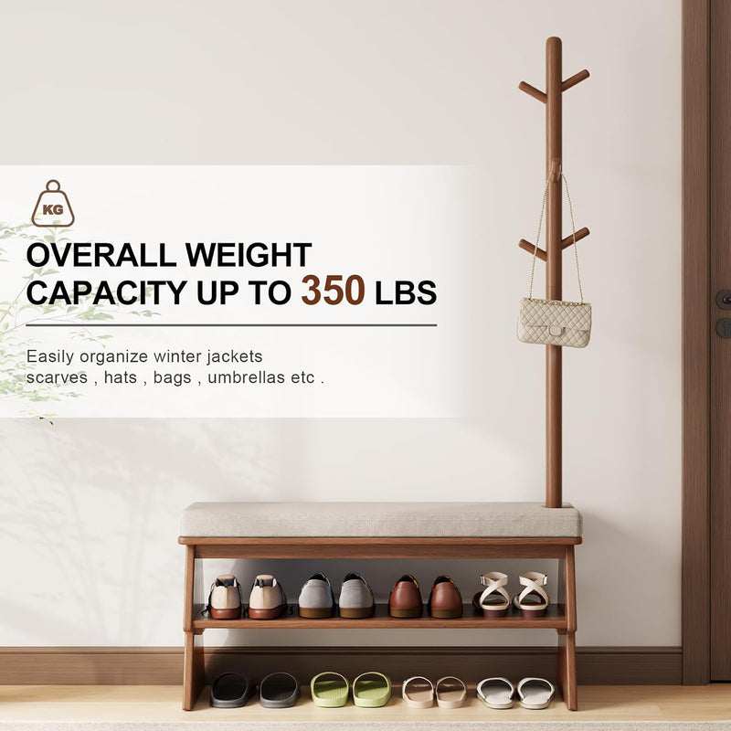 Solid Wood Coat Rack with Shoe Storage Bench