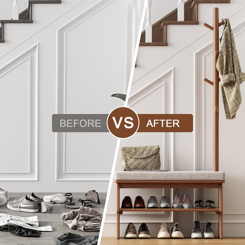 Solid Wood Coat Rack with Shoe Storage Bench