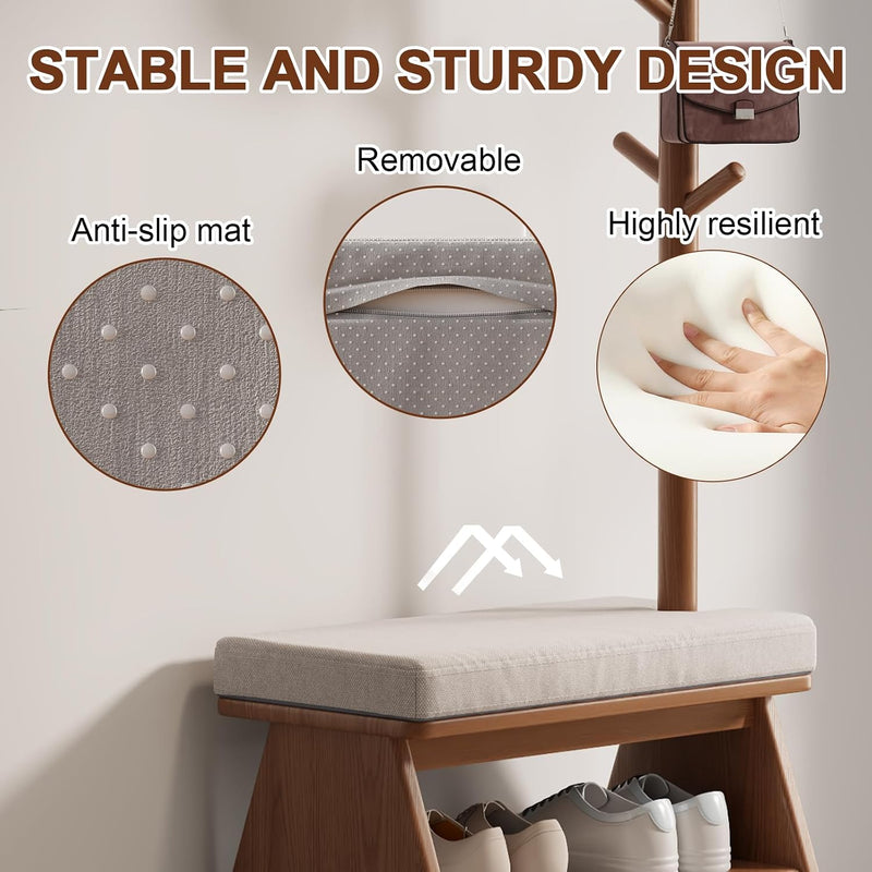 Solid Wood Coat Rack with Shoe Storage Bench