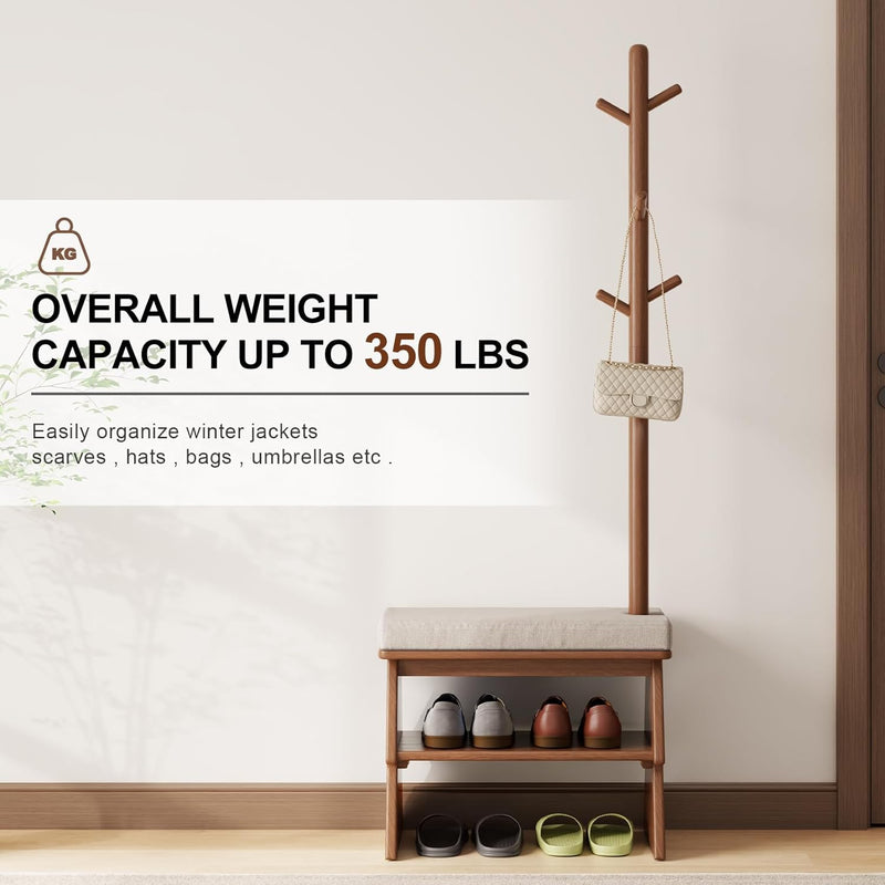 Solid Wood Coat Rack with Shoe Storage Bench