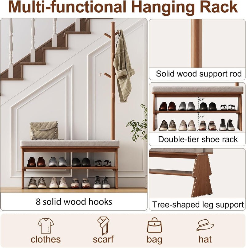 Solid Wood Coat Rack with Shoe Storage Bench