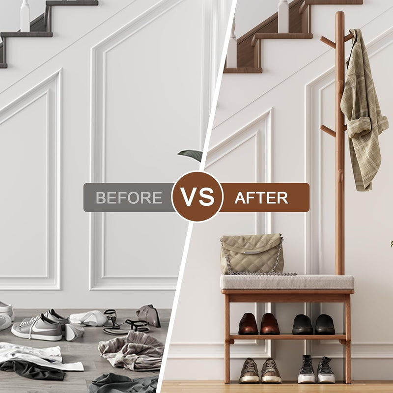 Solid Wood Coat Rack with Shoe Storage Bench