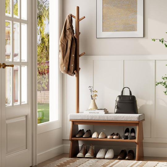 Solid Wood Coat Rack with Shoe Storage Bench
