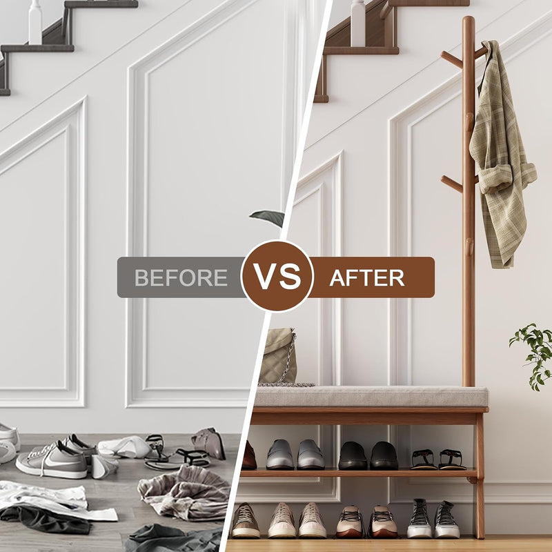 Solid Wood Coat Rack with Shoe Storage Bench