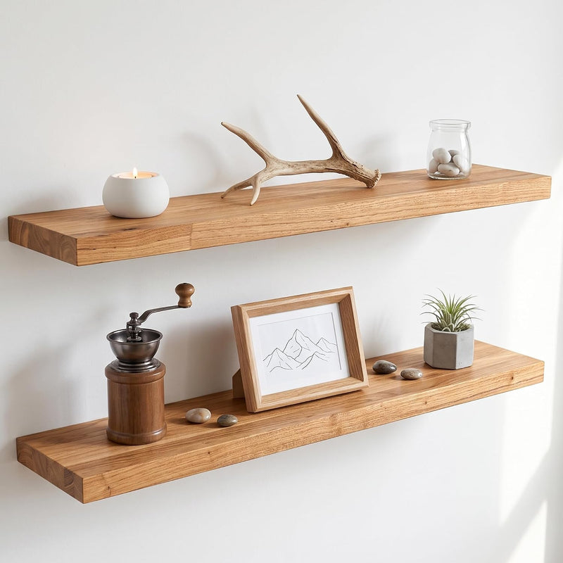 Solid Wood Floating Shelves 60CM Natural Elm Wall (Set of 2)