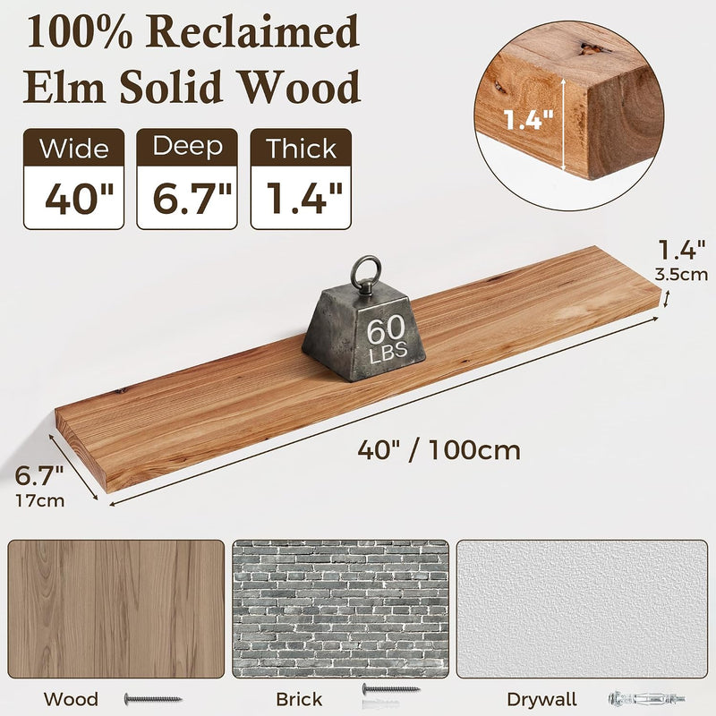 Solid Wood Floating Shelves 60CM Natural Elm Wall (Set of 2)