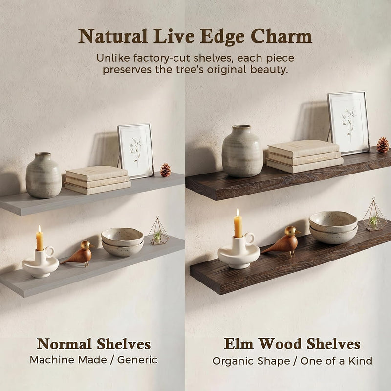Solid Wood Floating Shelves 60CM Natural Elm Wall (Set of 2)