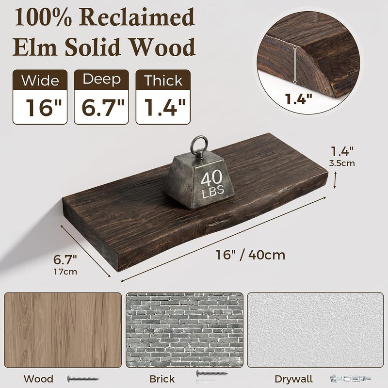 Solid Wood Floating Shelves 60CM Natural Elm Wall (Set of 2)