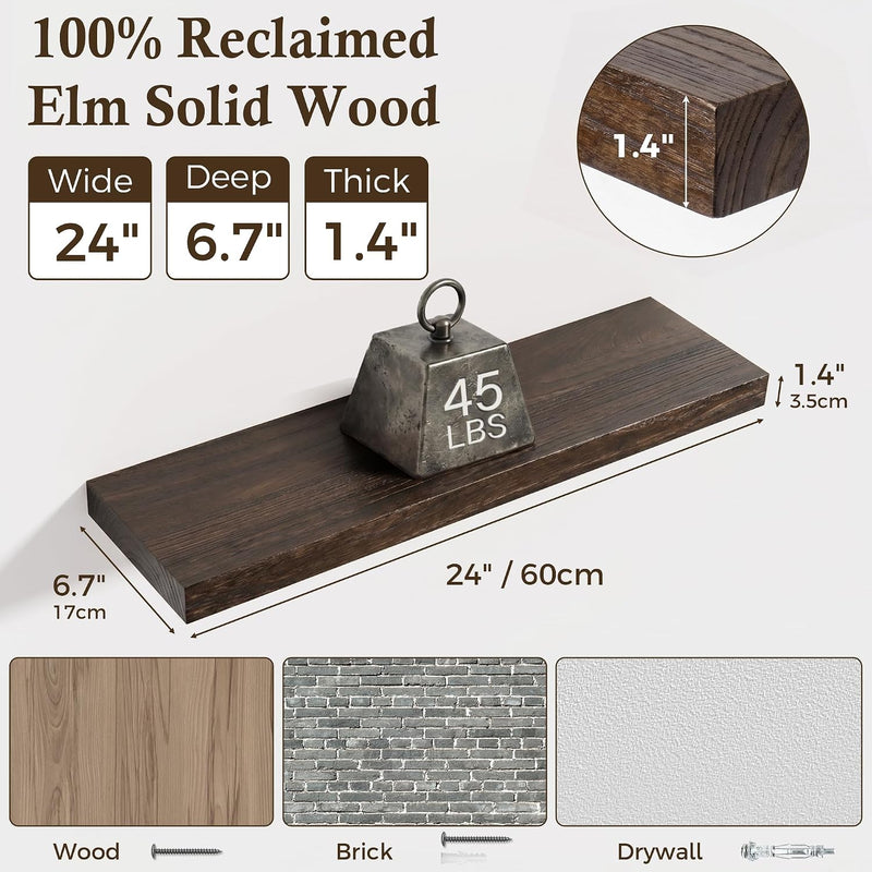 Solid Wood Floating Shelves 60CM Natural Elm Wall (Set of 2)