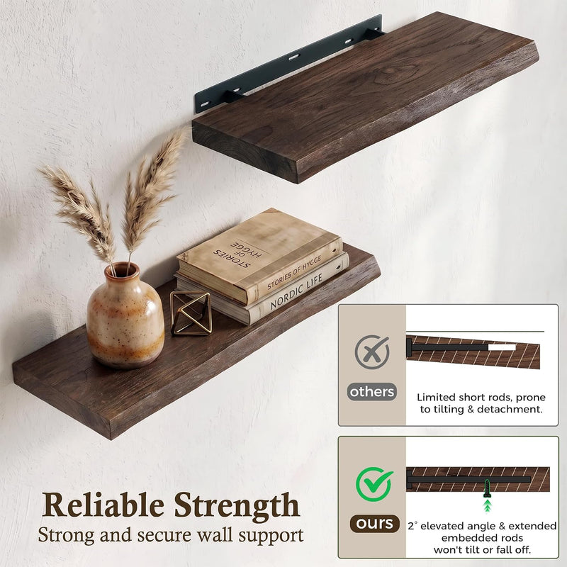 Solid Wood Floating Shelves 60CM Natural Elm Wall (Set of 2)