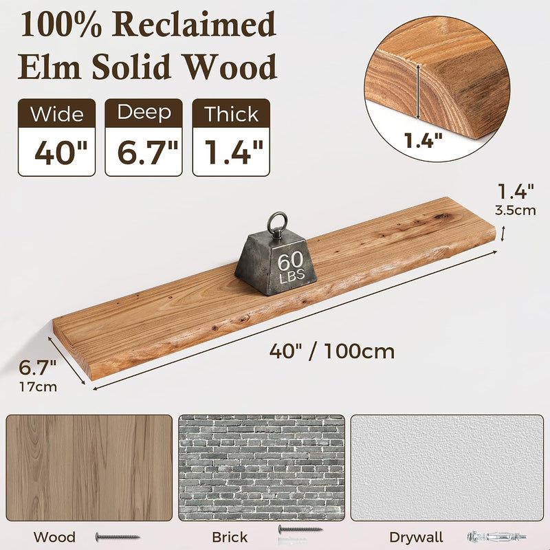 Solid Wood Floating Shelves 60CM Natural Elm Wall (Set of 2)