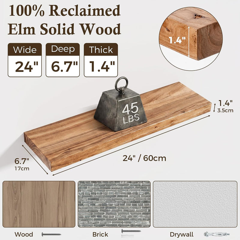 Solid Wood Floating Shelves 60CM Natural Elm Wall (Set of 2)