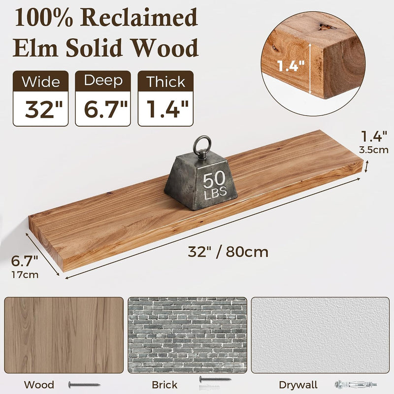 Solid Wood Floating Shelves 60CM Natural Elm Wall (Set of 2)