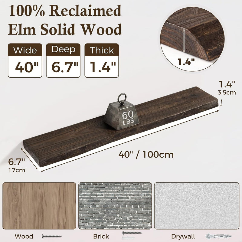 Solid Wood Floating Shelves 60CM Natural Elm Wall (Set of 2)
