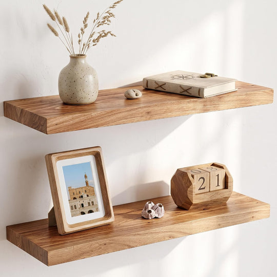 Solid Wood Floating Shelves 60CM Natural Elm Wall (Set of 2)