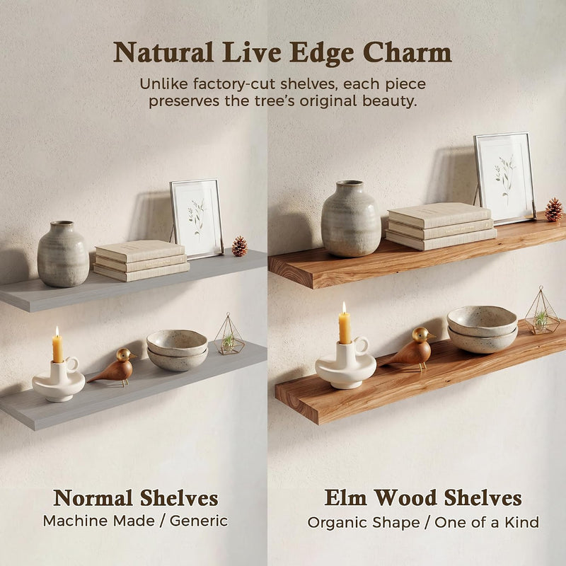 Solid Wood Floating Shelves 60CM Natural Elm Wall (Set of 2)