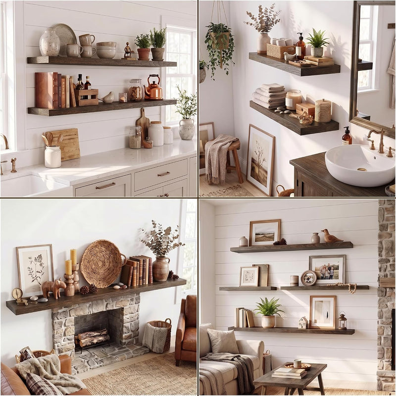 Solid Wood Floating Shelves 60CM Natural Elm Wall (Set of 2)