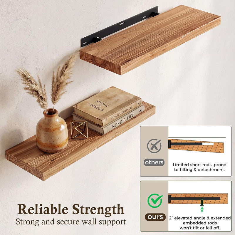 Solid Wood Floating Shelves 60CM Natural Elm Wall (Set of 2)