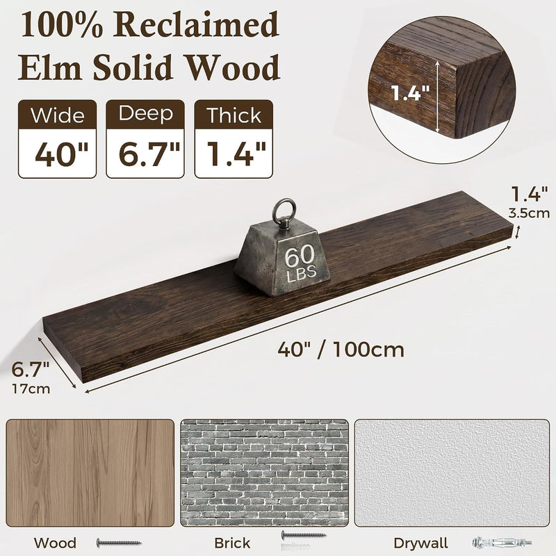 Solid Wood Floating Shelves 60CM Natural Elm Wall (Set of 2)