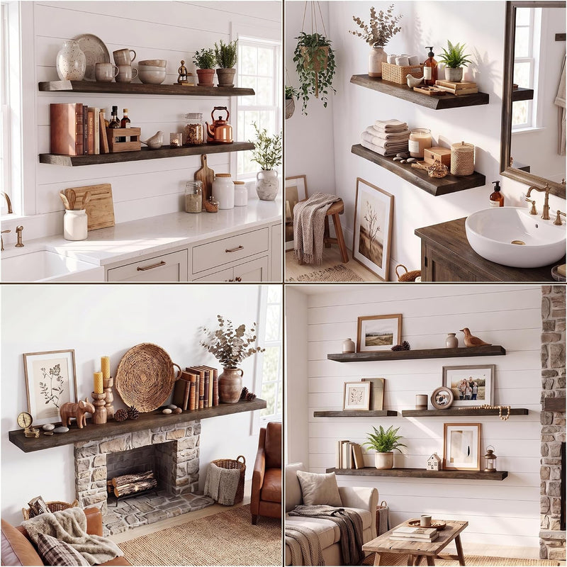 Solid Wood Floating Shelves 60CM Natural Elm Wall (Set of 2)